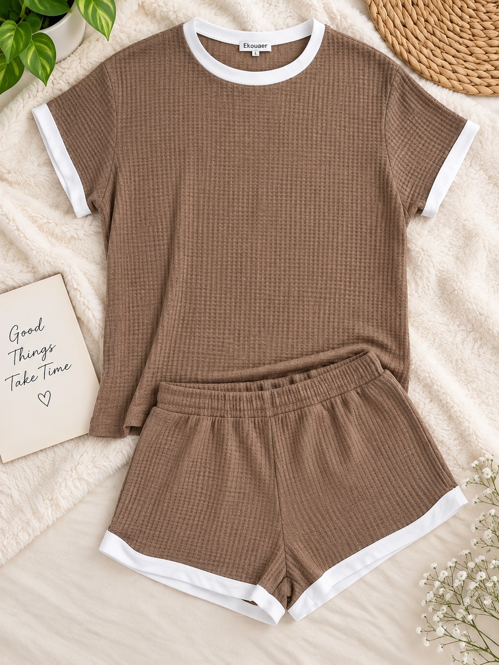EKOUAER Women’s Large Brown Waffle Knit Pajama Lounge Set Shorts & Top